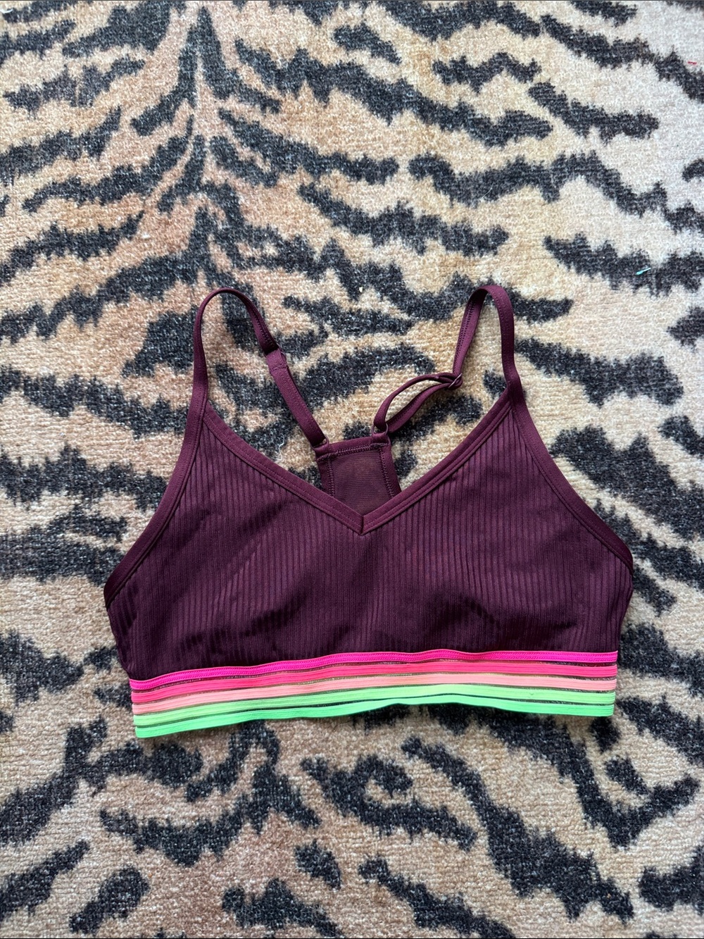 Burgundy PINK sports bra Ribbed Plum Bralette with Neon Stripe Band